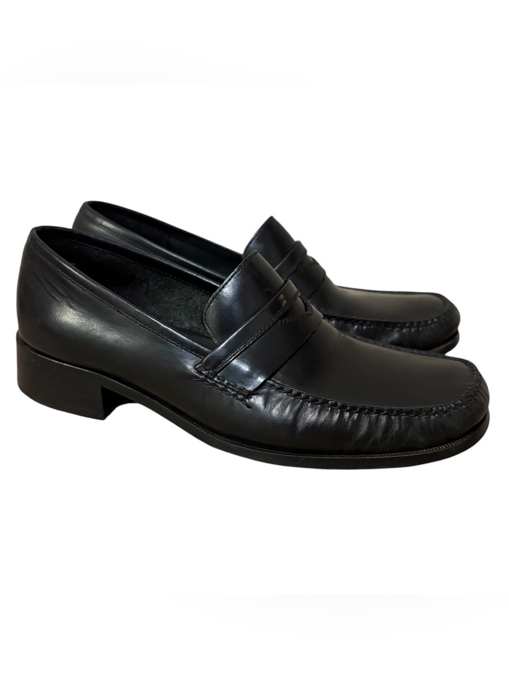 Vtg Bass Shoes Black Leather Loafer Flats Block Heel Slip On Sz 9.5